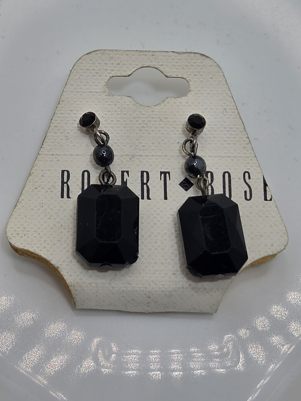 NWT Robert Rose Jet Black Emerald Cut Gem Dangle Earrings Whimsigoth Gothic 🖤✨